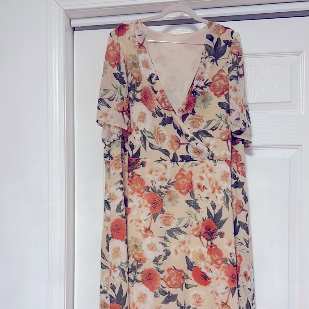 Floral V-Neck Maxi Dress - Orange and Cream